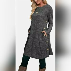 Ofeefan Women's Soft Tunic Top/Dress XL Buttons Long Sleeve Pockets Slate Gray